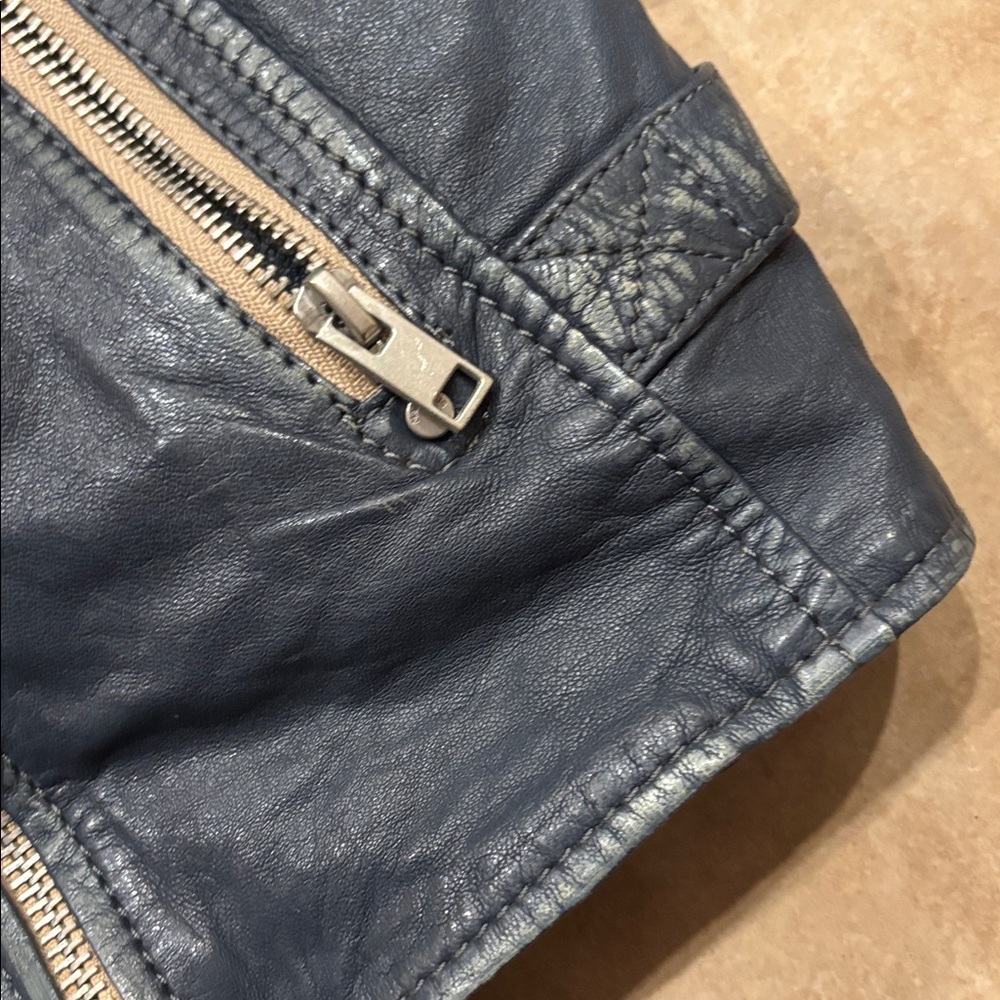 Mauritius Blue Navy Leather Moto Jacket - Picture 5 of 9